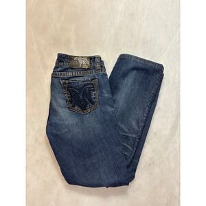 MEK DENIM Tyler Bootcut Jeans Women's 29x34‎ Dark Wash Distressed Denim